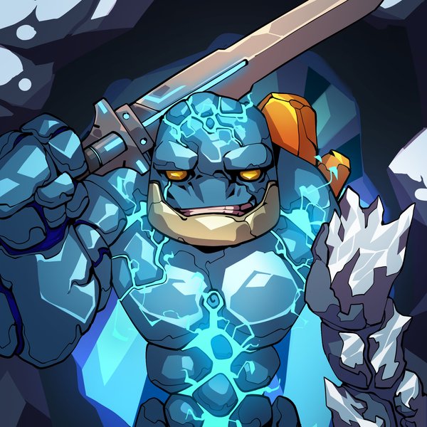 A stone golem with electric blue veins, golden eyes, wielding a sword and an ice fist